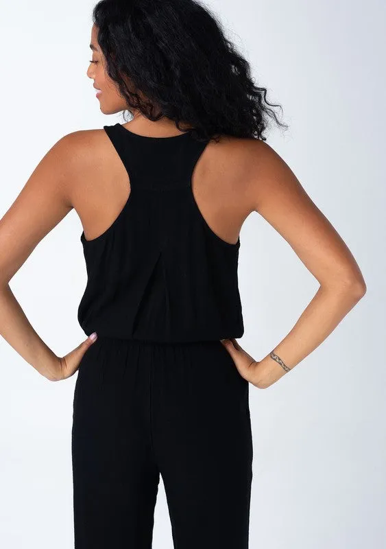 Abigail Sleeveless Racerback Drawstring Waist Linen Jumpsuit Black