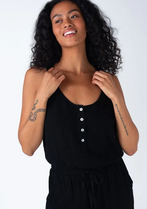 Abigail Sleeveless Racerback Drawstring Waist Linen Jumpsuit Black