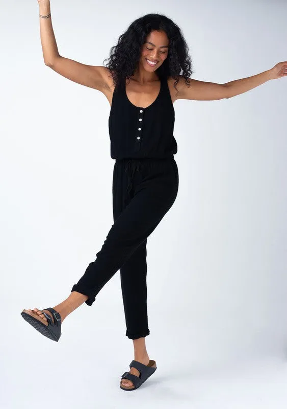 Abigail Sleeveless Racerback Drawstring Waist Linen Jumpsuit Black