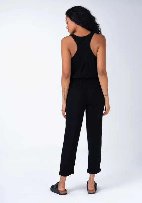 Abigail Sleeveless Racerback Drawstring Waist Linen Jumpsuit Black
