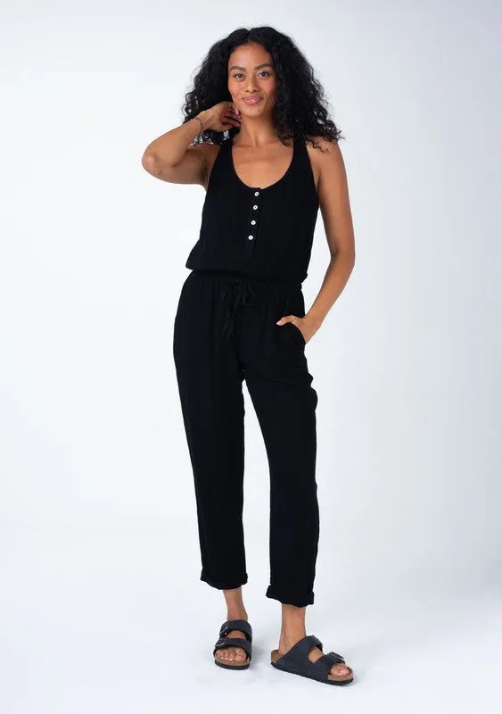 Abigail Sleeveless Racerback Drawstring Waist Linen Jumpsuit Black