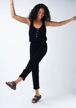Abigail Sleeveless Racerback Drawstring Waist Linen Jumpsuit Black