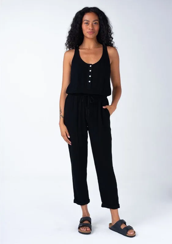 Abigail Sleeveless Racerback Drawstring Waist Linen Jumpsuit Black
