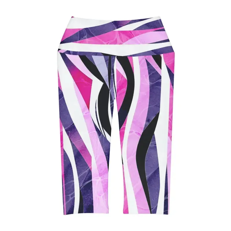 Abstract Pink Blue Striped Yoga Capri Leggings