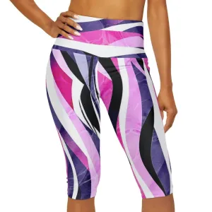 Abstract Pink Blue Striped Yoga Capri Leggings