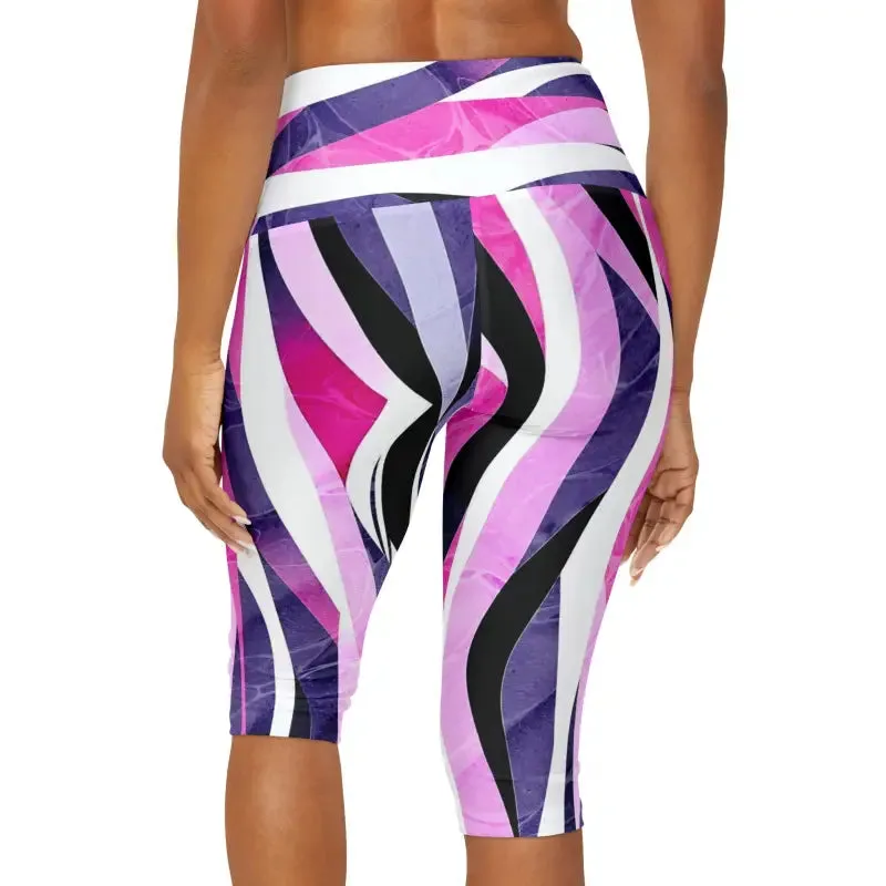 Abstract Pink Blue Striped Yoga Capri Leggings