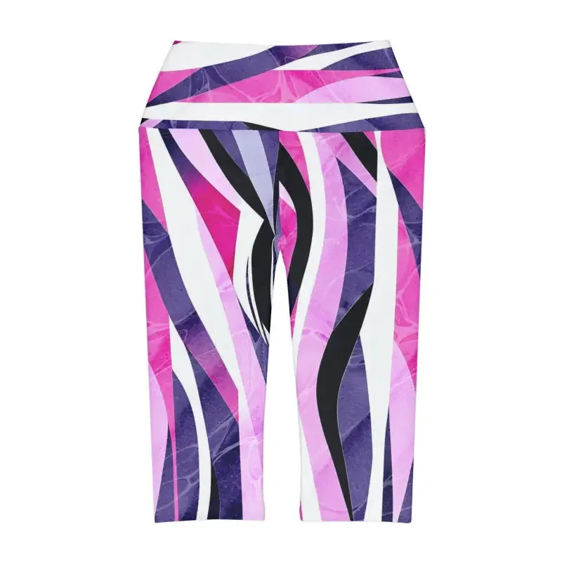Abstract Pink Blue Striped Yoga Capri Leggings