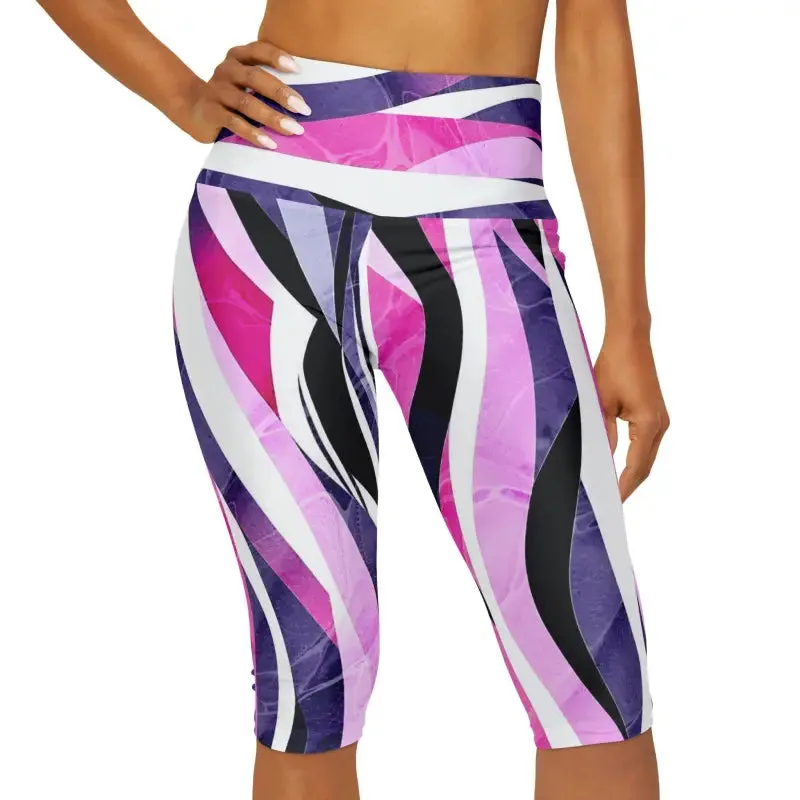Abstract Pink Blue Striped Yoga Capri Leggings