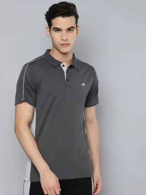 Alcis Men Charcoal White Polo Collar Slim Fit Training or Gym T-shirt