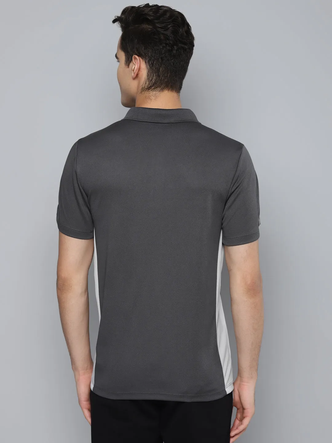 Alcis Men Charcoal White Polo Collar Slim Fit Training or Gym T-shirt
