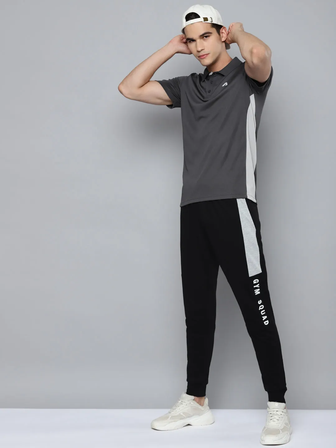 Alcis Men Charcoal White Polo Collar Slim Fit Training or Gym T-shirt