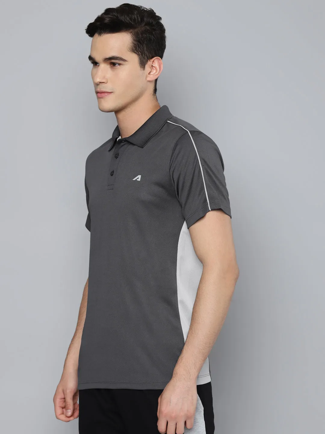 Alcis Men Charcoal White Polo Collar Slim Fit Training or Gym T-shirt