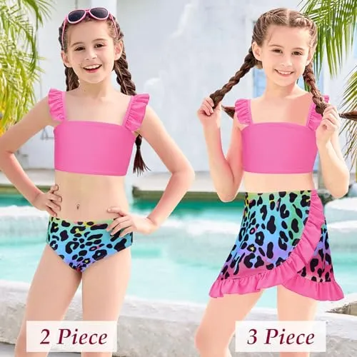 ALISISTER Girls Swimsuit 3 Piece Bathing Suits Size 10-12 Hawaiian Tropical Flower Leaf Bikini Sets with Cover Up Skirt Summer Beach Swimwear 11 Year Old