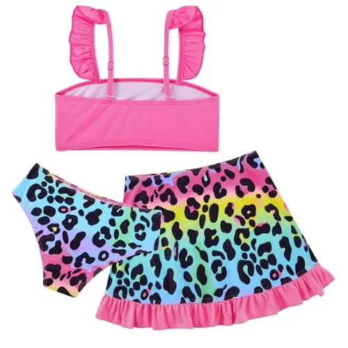 ALISISTER Girls Swimsuit 3 Piece Bathing Suits Size 10-12 Hawaiian Tropical Flower Leaf Bikini Sets with Cover Up Skirt Summer Beach Swimwear 11 Year Old