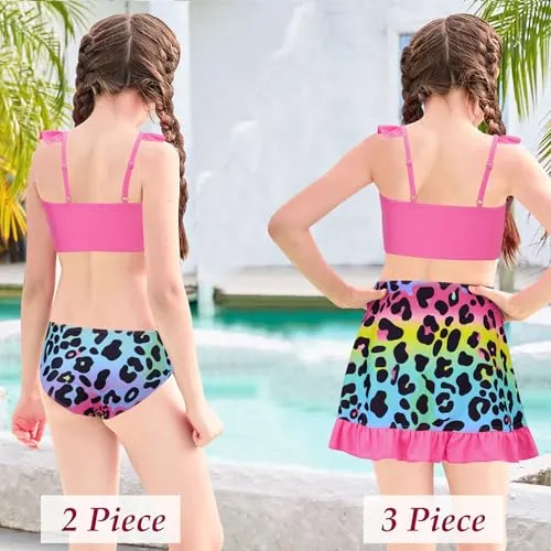 ALISISTER Girls Swimsuit 3 Piece Bathing Suits Size 10-12 Hawaiian Tropical Flower Leaf Bikini Sets with Cover Up Skirt Summer Beach Swimwear 11 Year Old