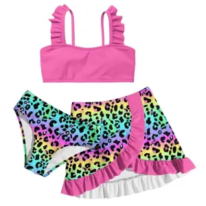 ALISISTER Girls Swimsuit 3 Piece Bathing Suits Size 10-12 Hawaiian Tropical Flower Leaf Bikini Sets with Cover Up Skirt Summer Beach Swimwear 11 Year Old