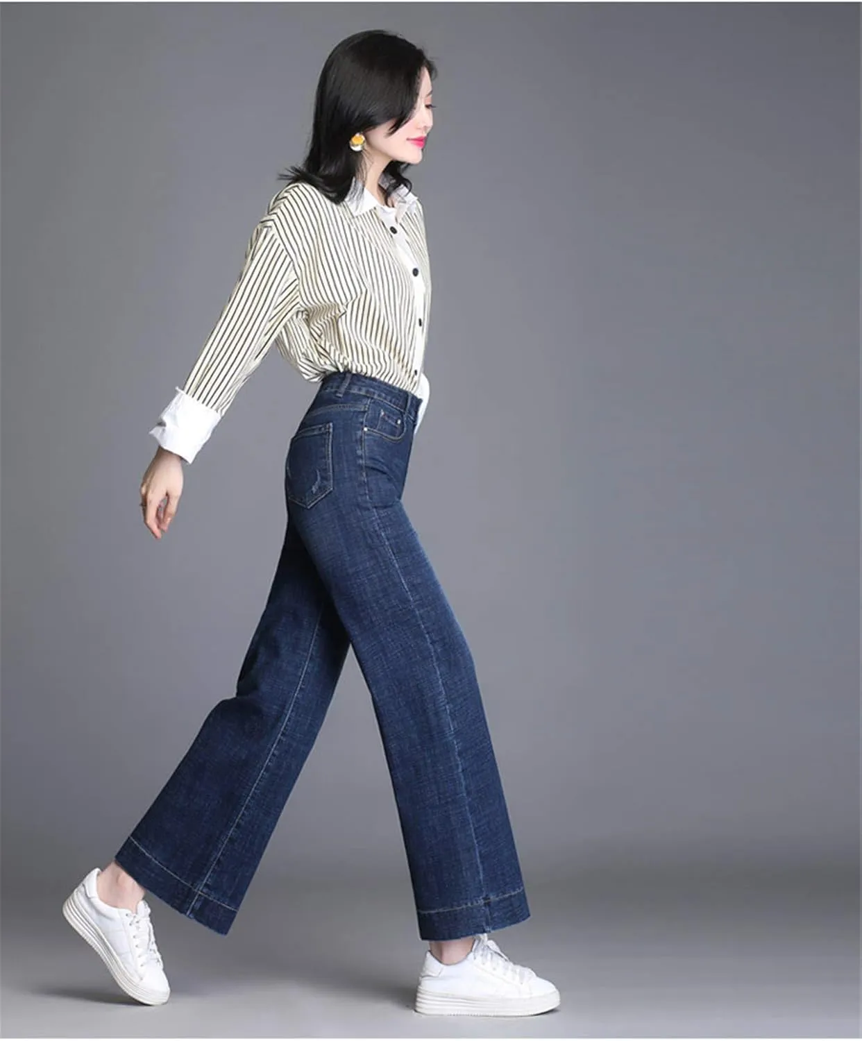 Andongnywell Women's Fashion high Waist Wide-Leg Cropped Jeans Stylish Long Pants High Waist Denim Trousers