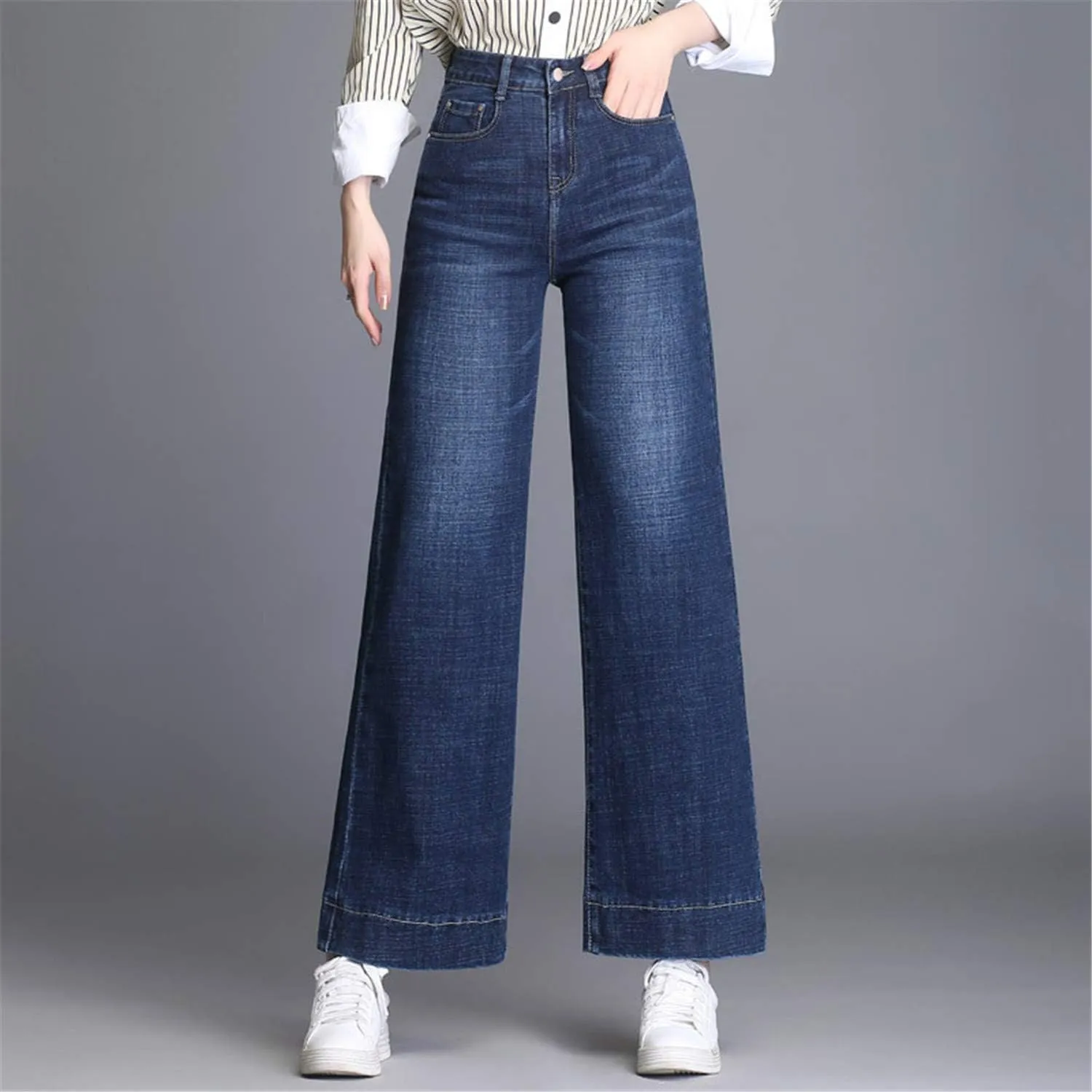 Andongnywell Women's Fashion high Waist Wide-Leg Cropped Jeans Stylish Long Pants High Waist Denim Trousers