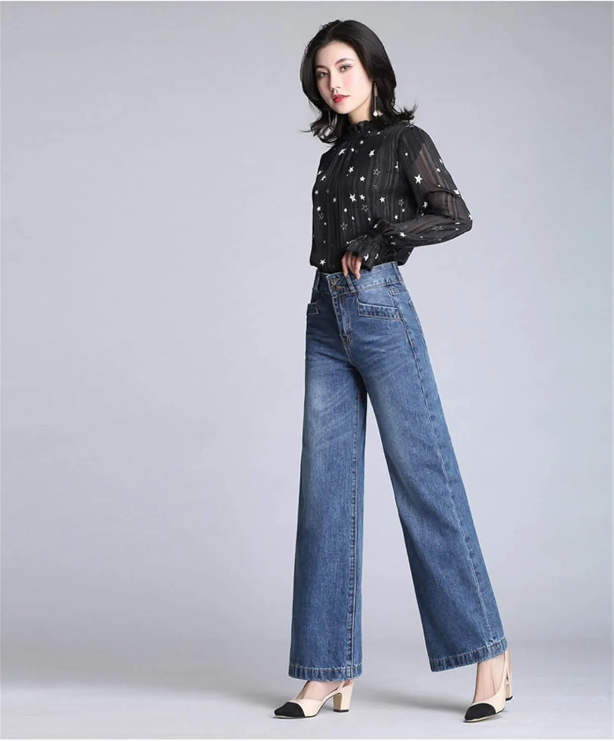 Andongnywell Women's Fashion high Waist Wide-Leg Cropped Jeans Stylish Long Pants High Waist Denim Trousers