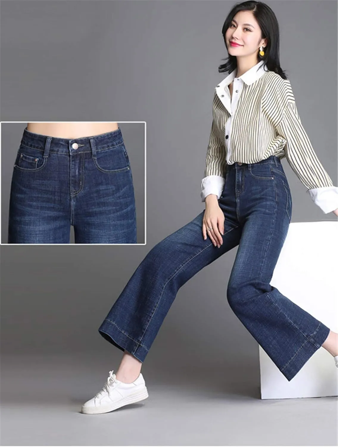 Andongnywell Women's Fashion high Waist Wide-Leg Cropped Jeans Stylish Long Pants High Waist Denim Trousers