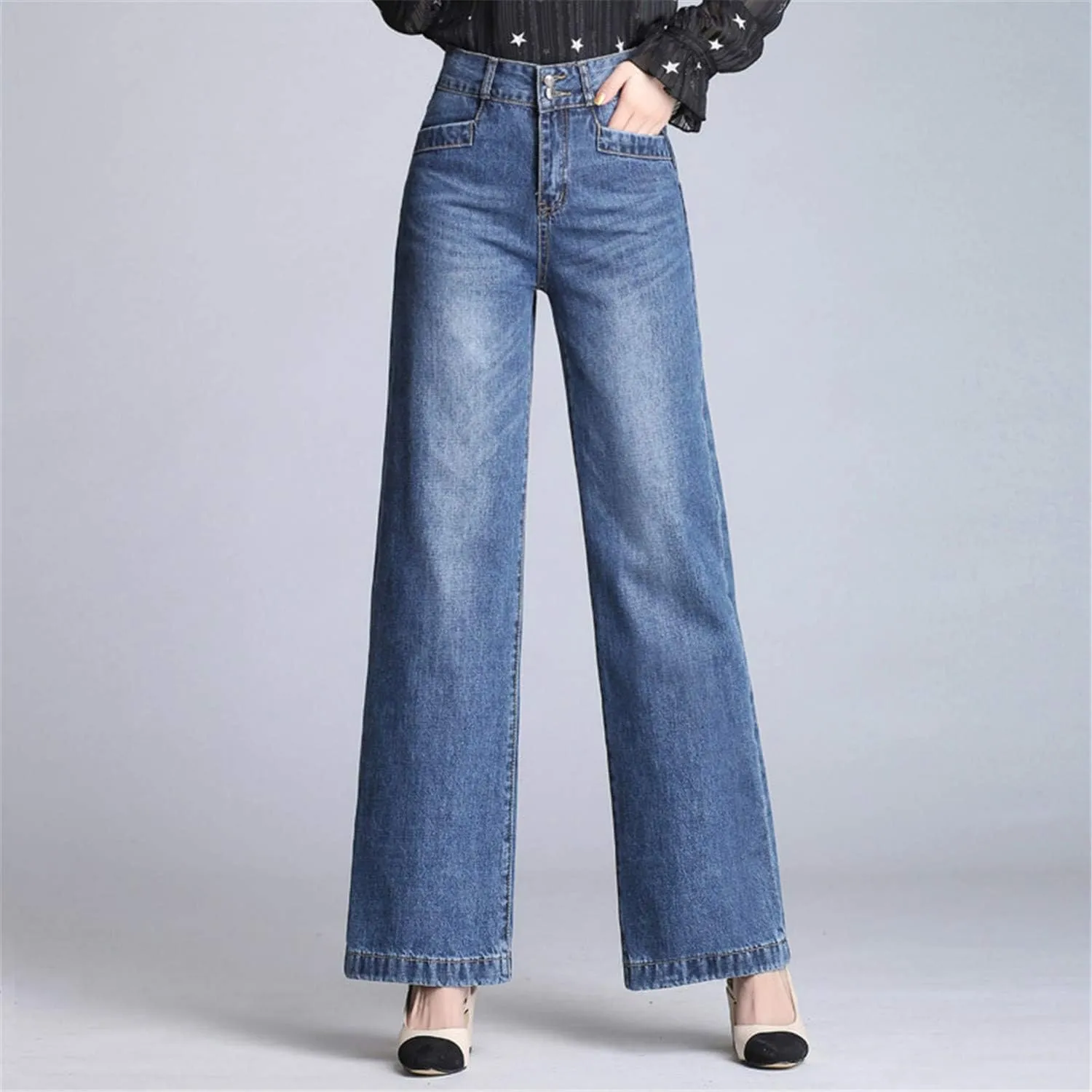 Andongnywell Women's Fashion high Waist Wide-Leg Cropped Jeans Stylish Long Pants High Waist Denim Trousers