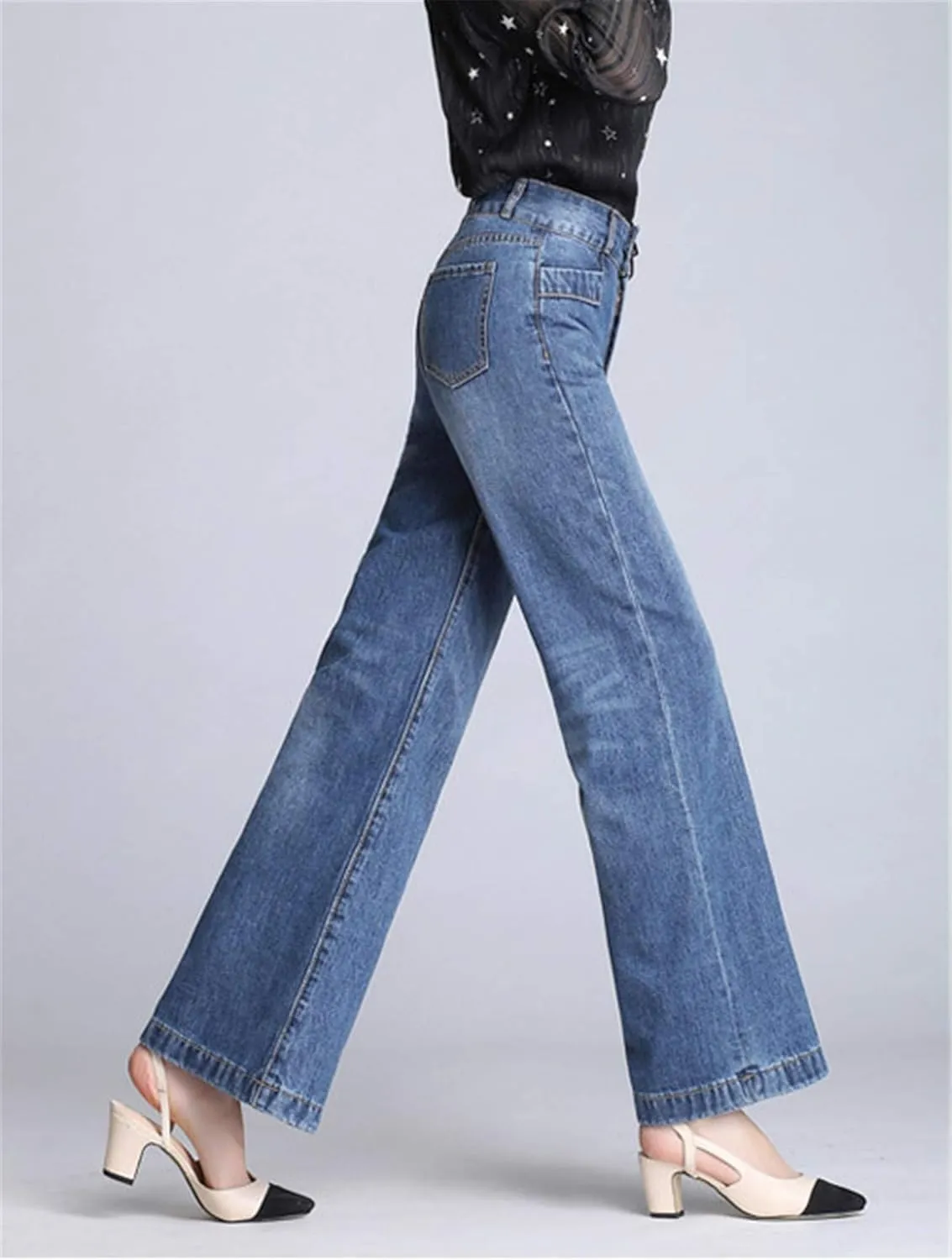 Andongnywell Women's Fashion high Waist Wide-Leg Cropped Jeans Stylish Long Pants High Waist Denim Trousers