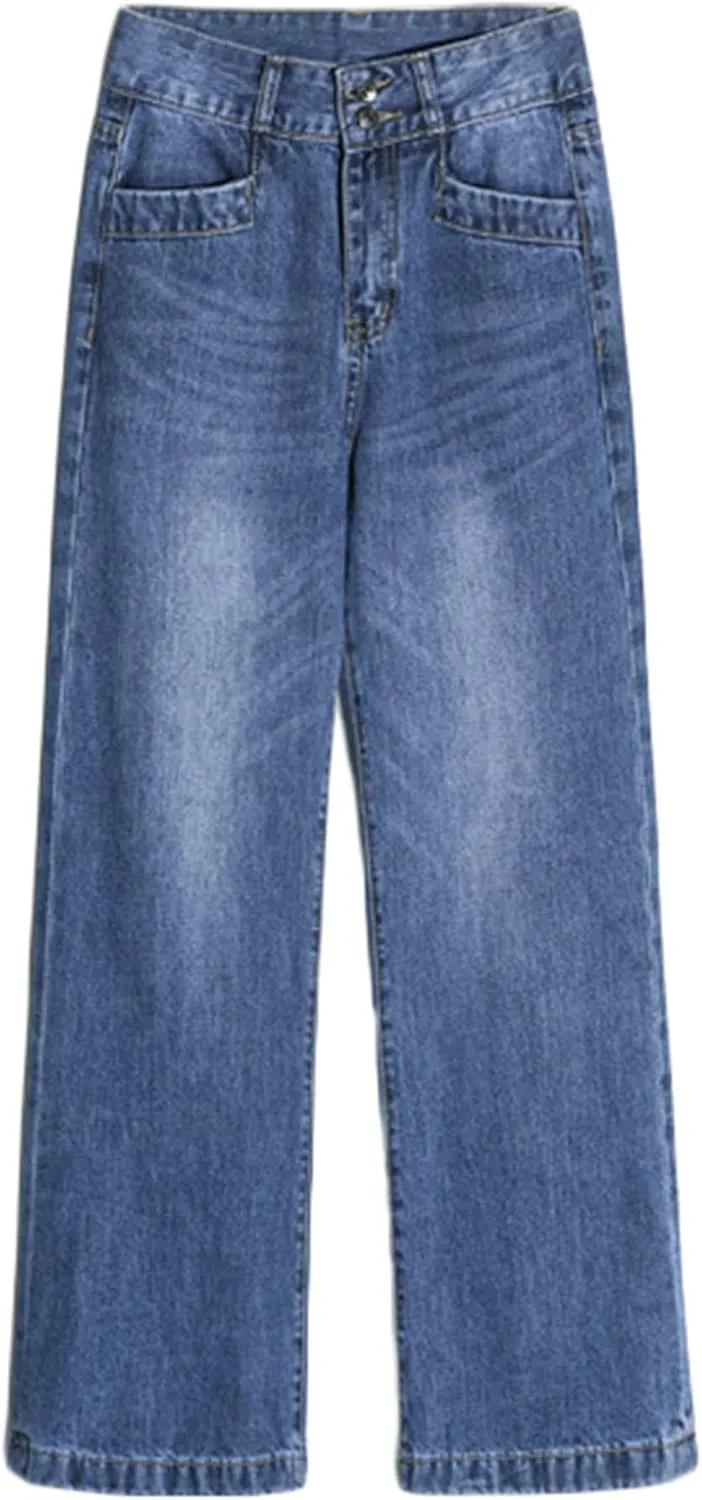 Andongnywell Women's Fashion high Waist Wide-Leg Cropped Jeans Stylish Long Pants High Waist Denim Trousers