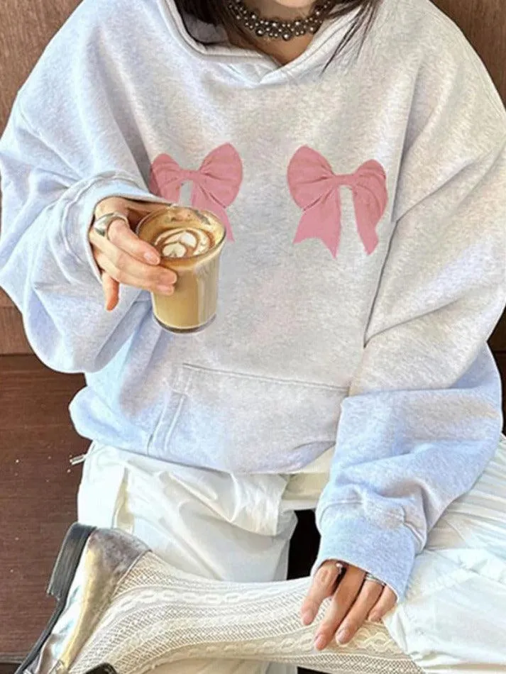 Back To School Sonicelife Street Bow Print Drawstring Oversized Hoodie