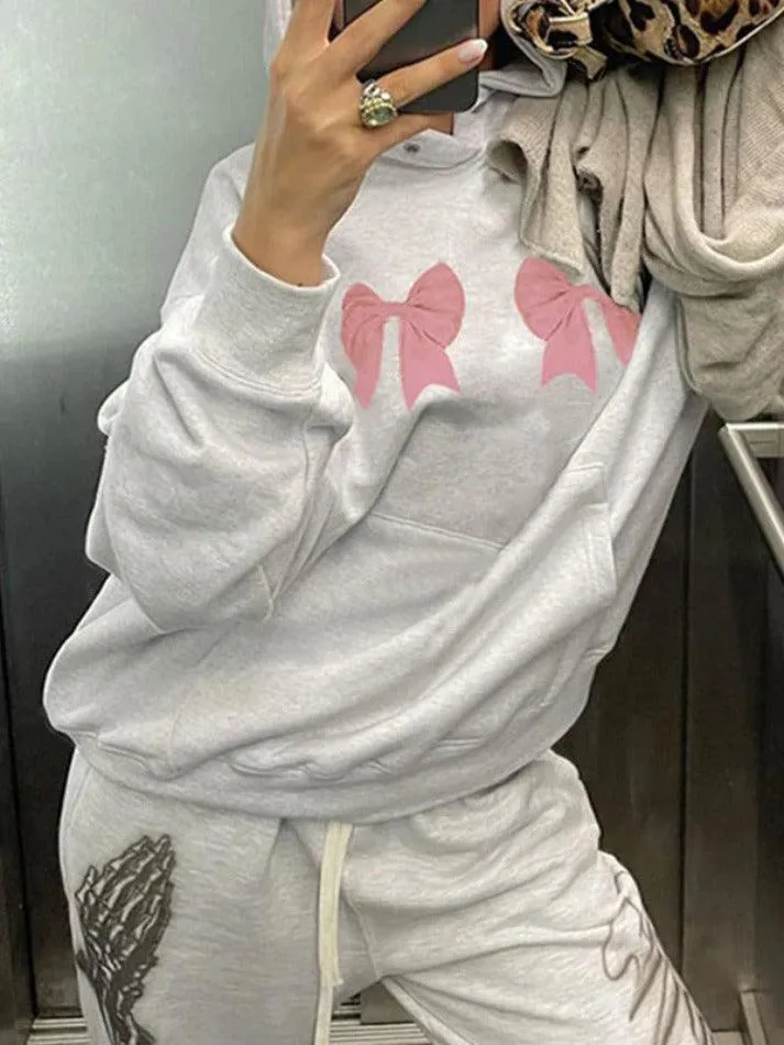 Back To School Sonicelife Street Bow Print Drawstring Oversized Hoodie