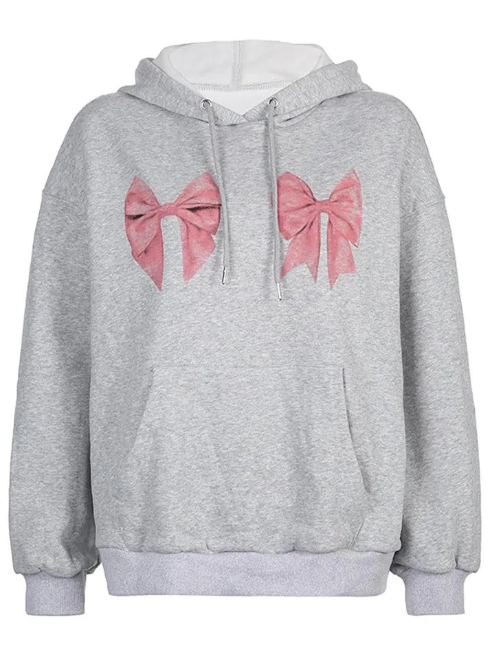 Back To School Sonicelife Street Bow Print Drawstring Oversized Hoodie