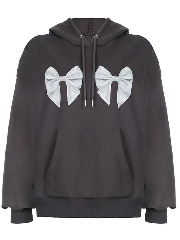 Back To School Sonicelife Street Bow Print Drawstring Oversized Hoodie