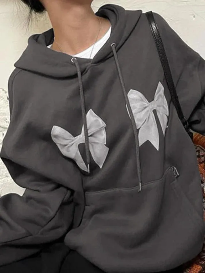 Back To School Sonicelife Street Bow Print Drawstring Oversized Hoodie