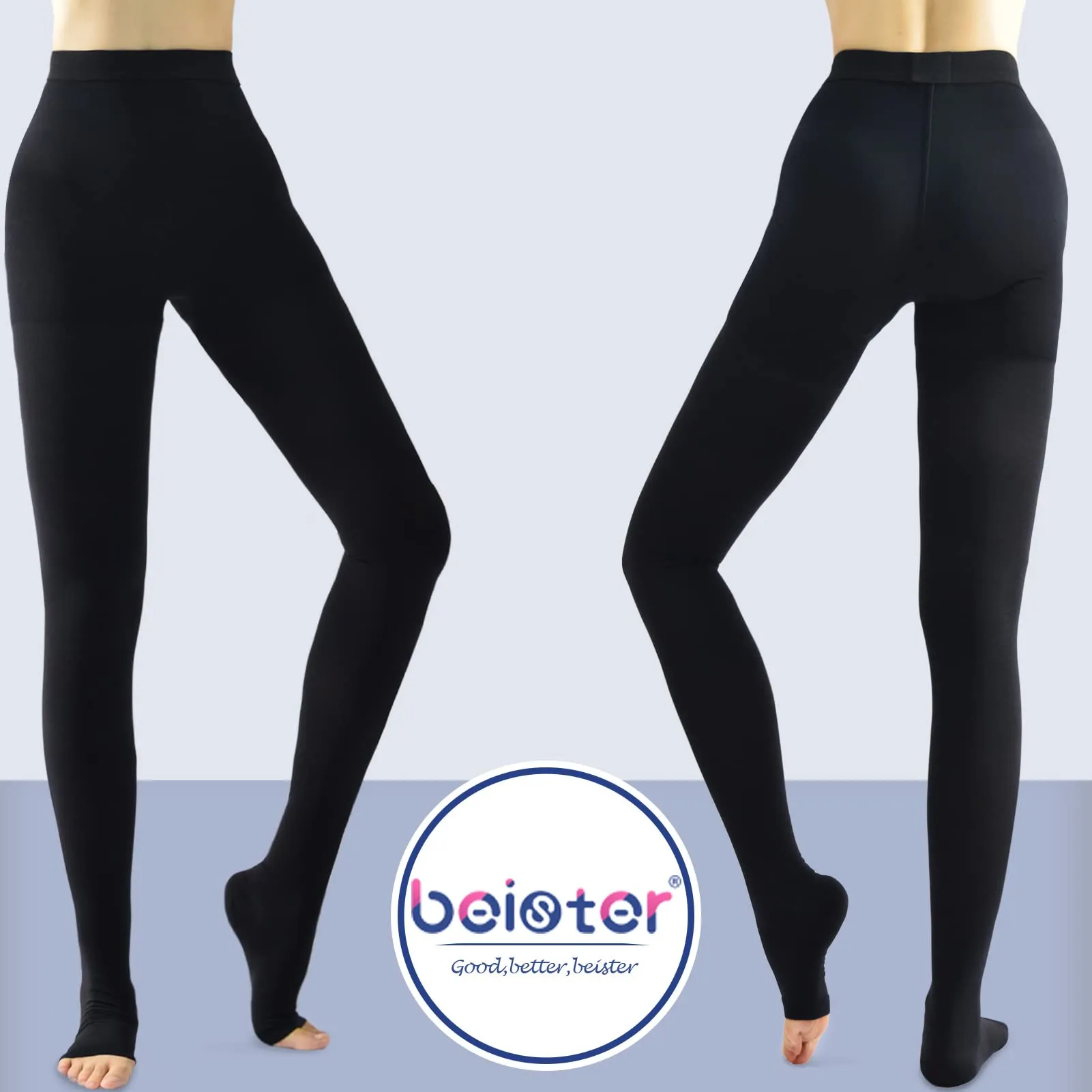beister Medical Compression Tights for Women & Men, Class 2 Open Toe Thigh High Pantyhose, 20-30 mmHg Graduated Support for Varicose Veins, Edema Black XL