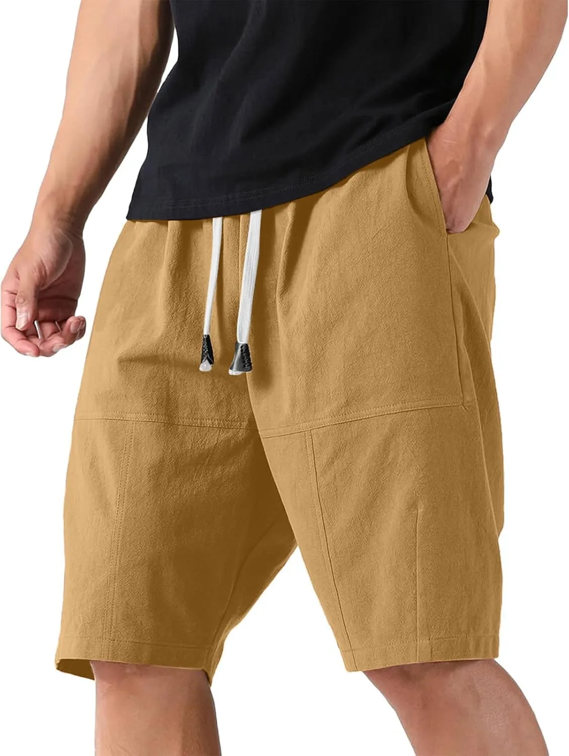 Bermuda Shorts for Men Elastic Waist Cotton Linen Plus Size Short Pants Summer Casual Vacation Beach Wear Clothing