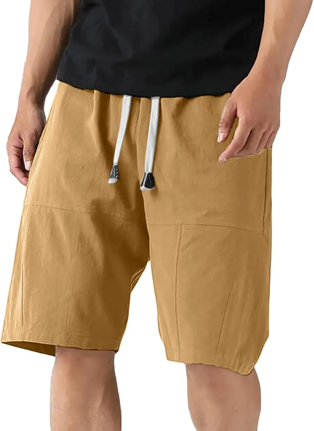 Bermuda Shorts for Men Elastic Waist Cotton Linen Plus Size Short Pants Summer Casual Vacation Beach Wear Clothing