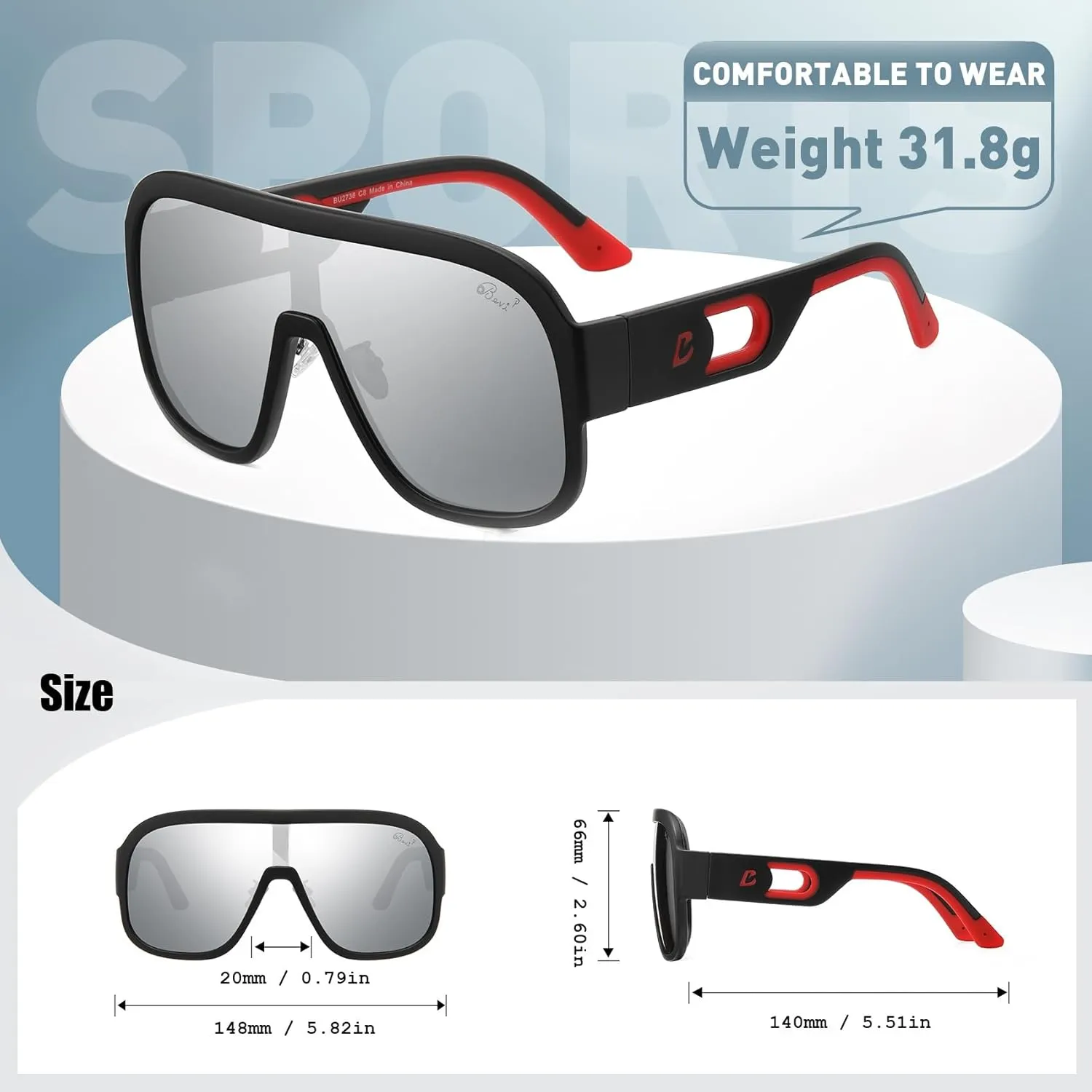 Bevi Sunglasses Polarized UV Protection with Flexible Lightweight Frame Oversize Shield Sunglasses for Men Women