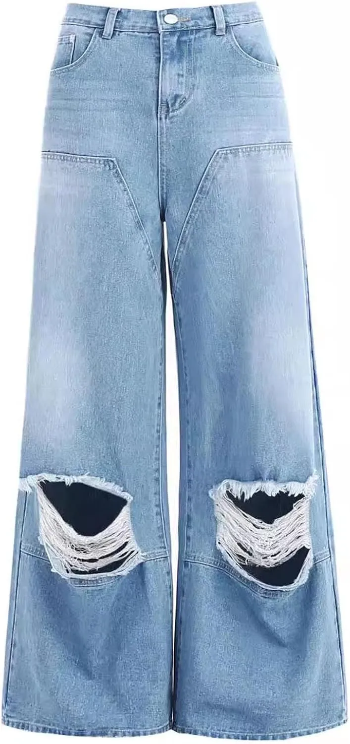 Bidobibo Flare Jeans for Women High Waisted Stretchy Baggy Ripped Jeans Y2K Stretchy Denim Jeans Straight Leg Fall Jeans
