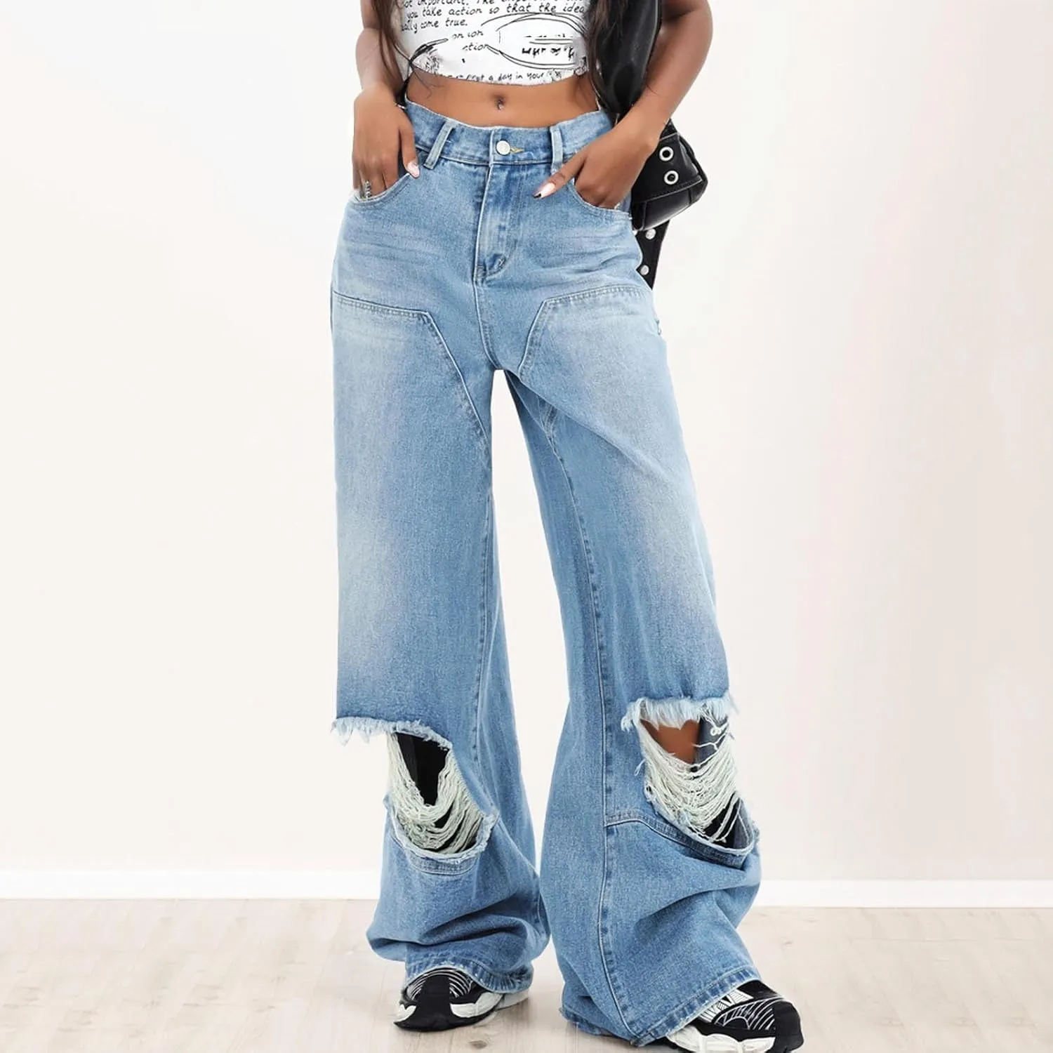 Bidobibo Flare Jeans for Women High Waisted Stretchy Baggy Ripped Jeans Y2K Stretchy Denim Jeans Straight Leg Fall Jeans