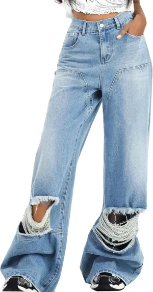 Bidobibo Flare Jeans for Women High Waisted Stretchy Baggy Ripped Jeans Y2K Stretchy Denim Jeans Straight Leg Fall Jeans