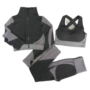 Black and White Seamless High Waist Leggings and Padded Sports Bra 3 Piece Yoga Set