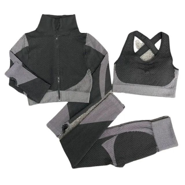 Black and White Seamless High Waist Leggings and Padded Sports Bra 3 Piece Yoga Set