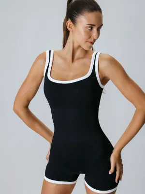 Black Contrast U Neck Yoga Jumpsuit - Light Support
