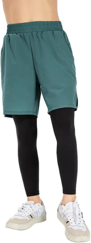 Boy's Running Training 2 in 1 Compression Tights Pants Workout Shorts Compression Leggings for Kids Youth