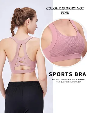Brand new YEAQING Women’s Mesh Front Cross Back Sports Bra High Impact Full Support Workout Active Bra for Yoga Gym Fitness, Sz L! Colour is Ivory NOT Pink!