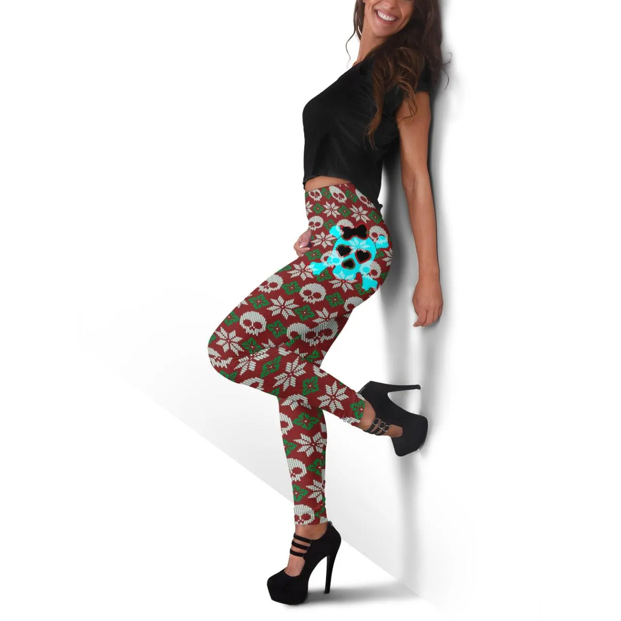 Christmas Knitted Skull Leggings And Hollow Tank Top Set For Women