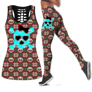 Christmas Knitted Skull Leggings And Hollow Tank Top Set For Women