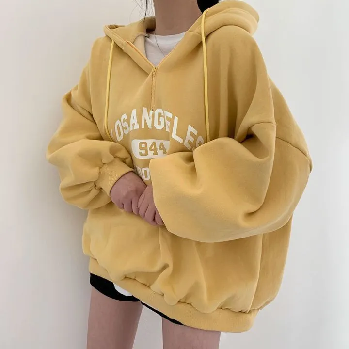 christmas outfit Sonicelife Vintage Letter Print Half Zip Oversized Hoodie