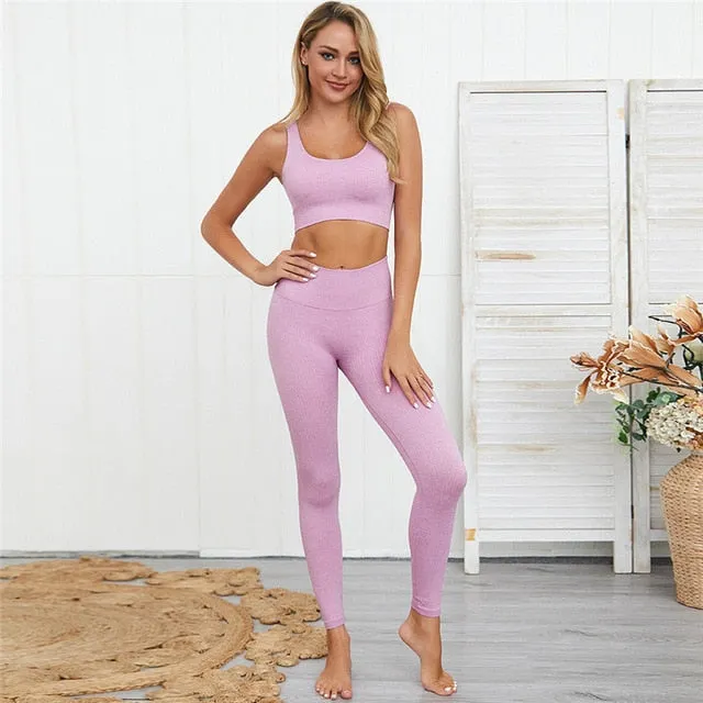 CHRLEISURE Yoga set Seamless Sports Gym Set Women Fitness Clothing Suits Workout Sportwear High Waist Push Up Leggings Bra