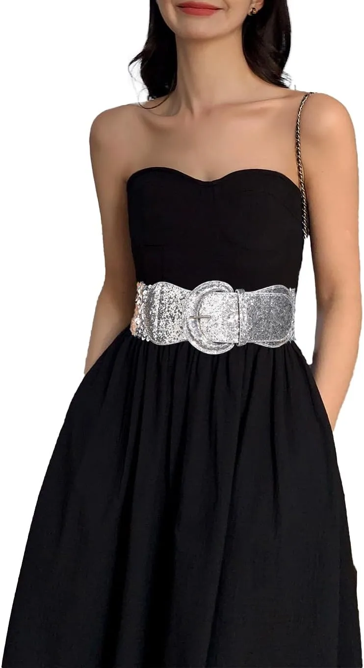 COTIM COYIN Womens Sequin Wide Buckle Stretchy Belt, Sparkly Glitter Vintage Elastic Belts for Dress Stretchy Waistband
