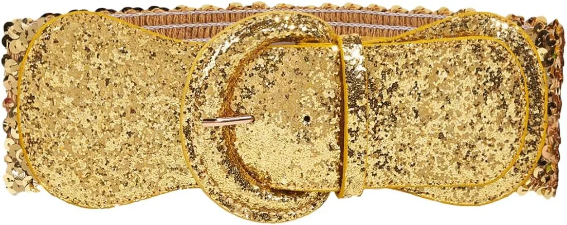 COTIM COYIN Womens Sequin Wide Buckle Stretchy Belt, Sparkly Glitter Vintage Elastic Belts for Dress Stretchy Waistband
